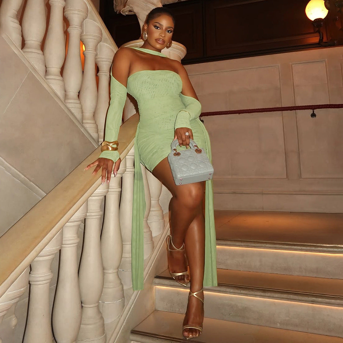 MB1808 Women's Ruched Tulle Sleeve Mini Dress