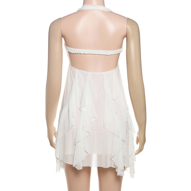 MB1113 Sexy Halter Backless Mini Dress with Ruffled Hem