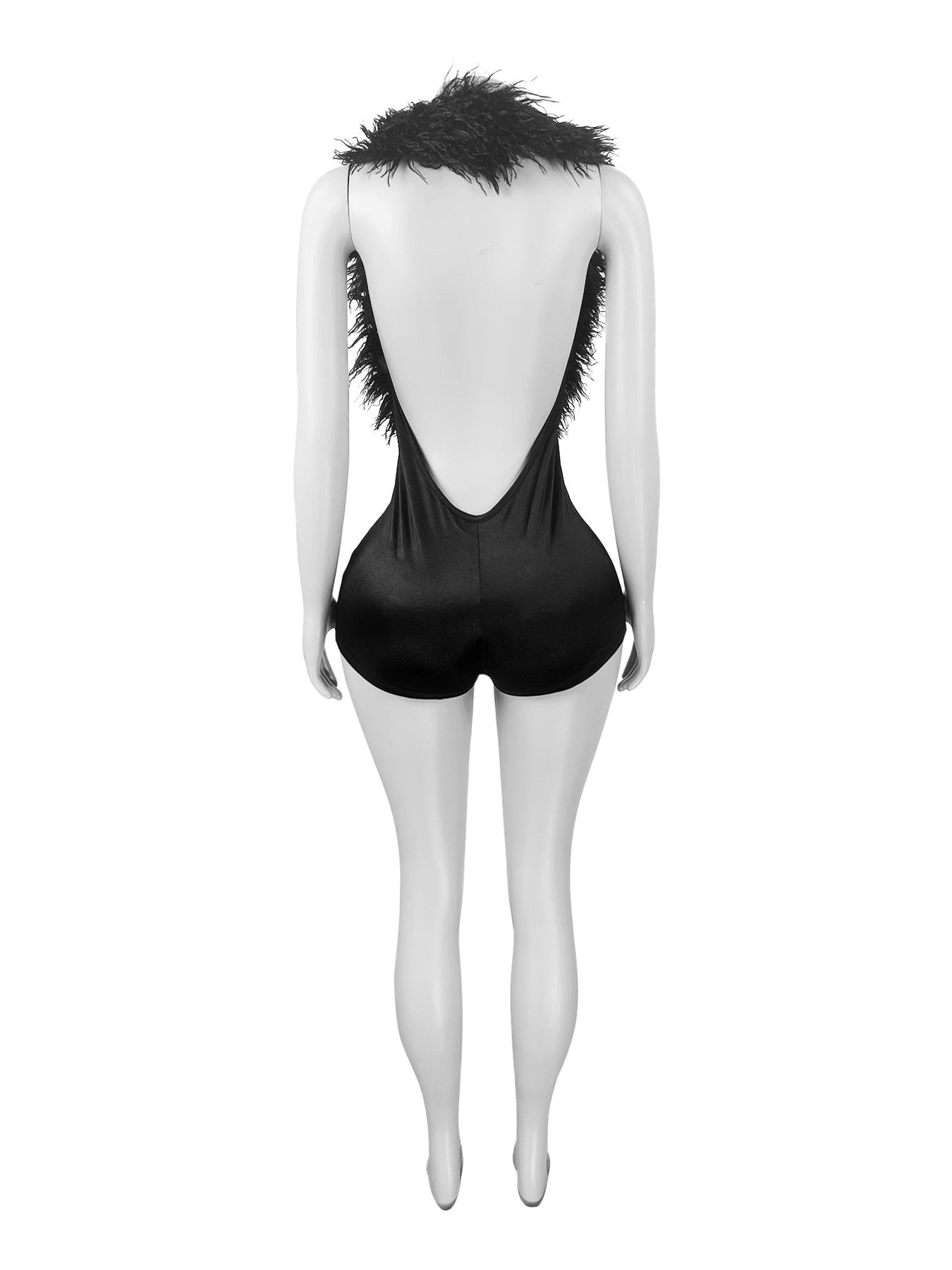 MB1701 Feather Trim Deep V Open Back Satin Romper