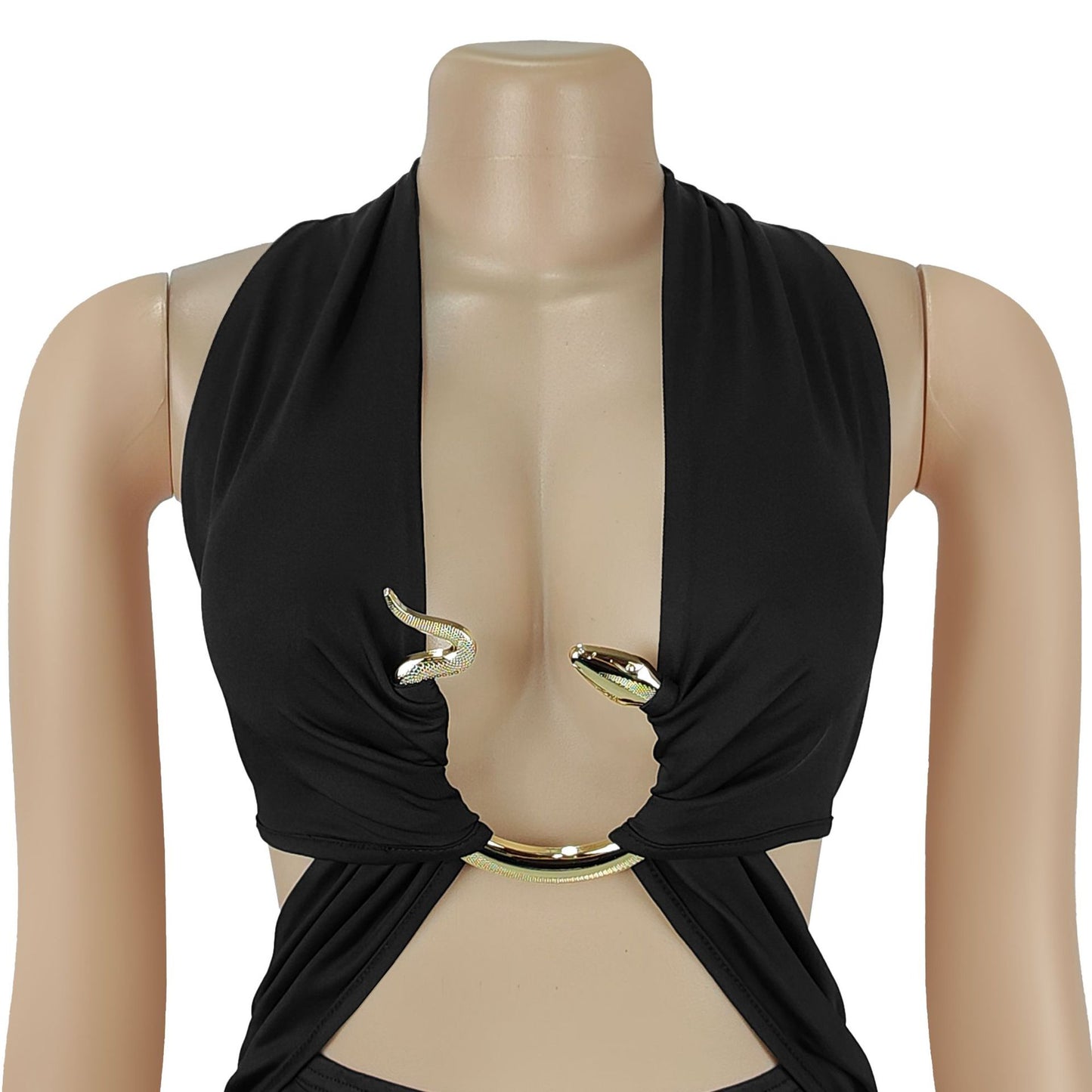 MB1620 Halter Neck Gold Ring Cutout Bodycon Maxi Dress