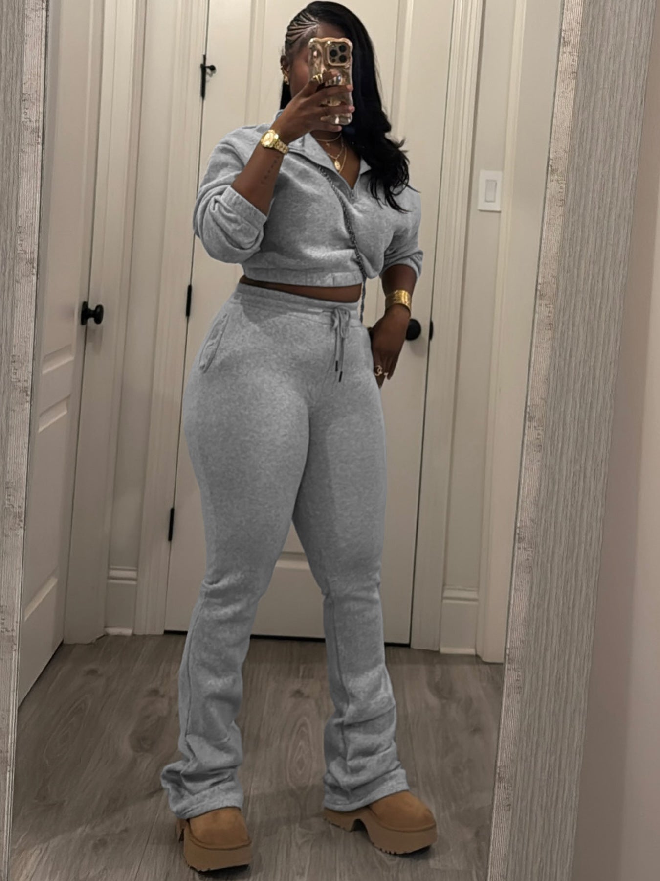MB1719 Women’s Crop Hoodie & Flare Pants 2-Piece Tracksuit Set