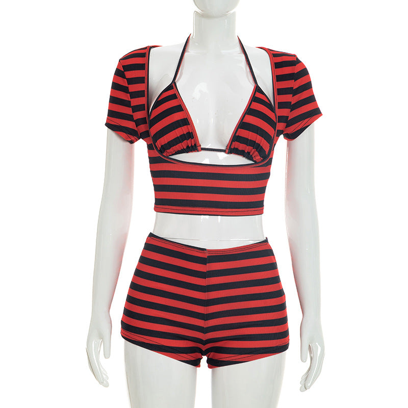 MB10164 Striped 3 Piece Outfit Women | Halter Tie Bralette + Short Sleeve Crop Top + Ruched Drawstring Shorts Matching Set