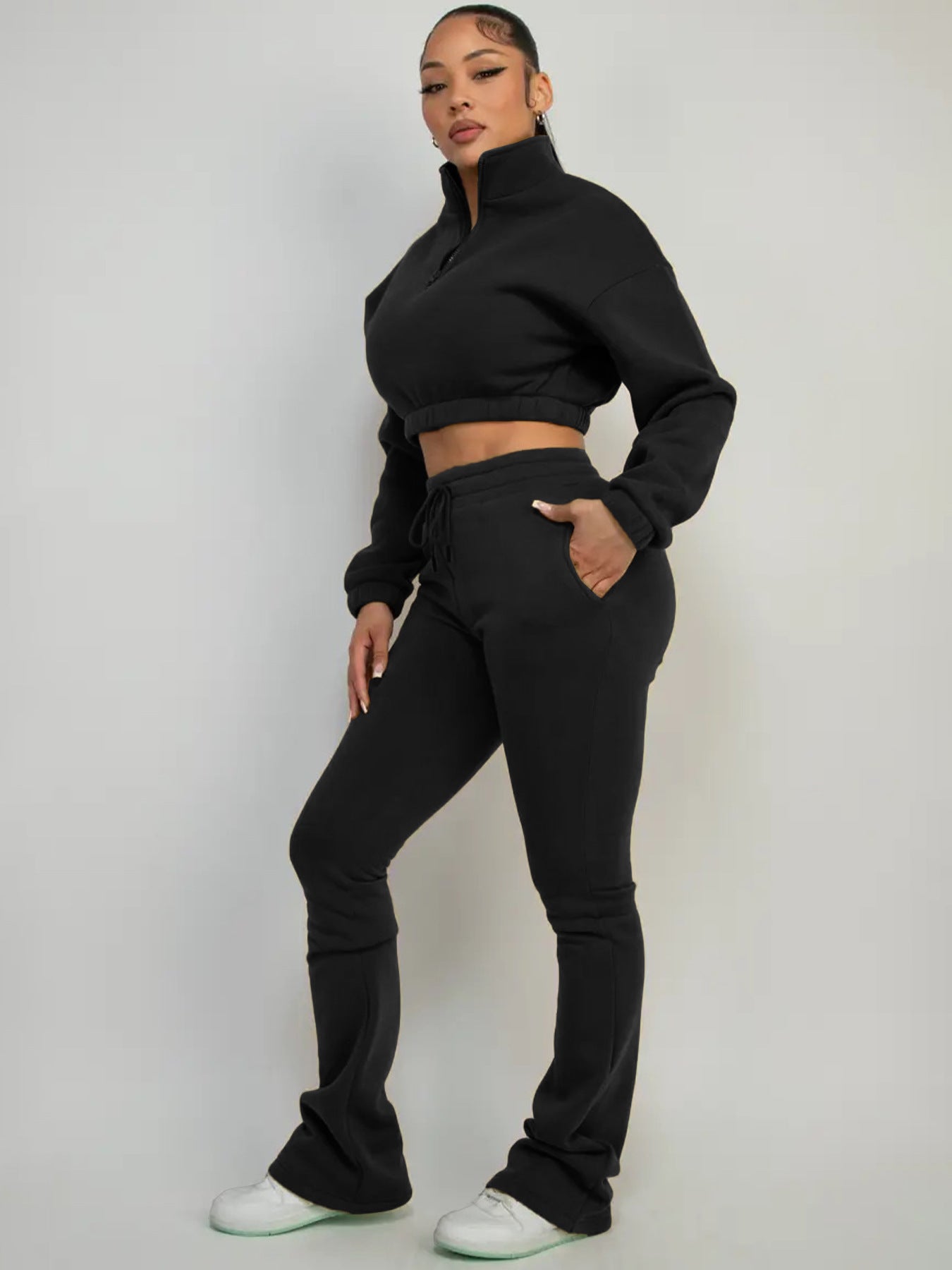 MB1719 Women’s Crop Hoodie & Flare Pants 2-Piece Tracksuit Set