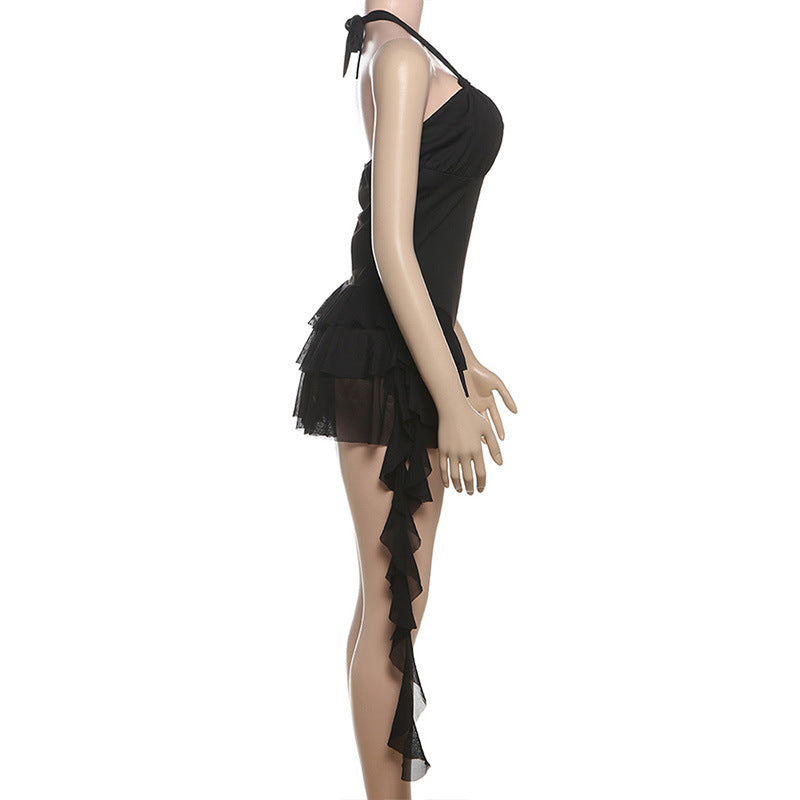 MB1318 Halter Neck Deep V Mesh Ruffle Romper