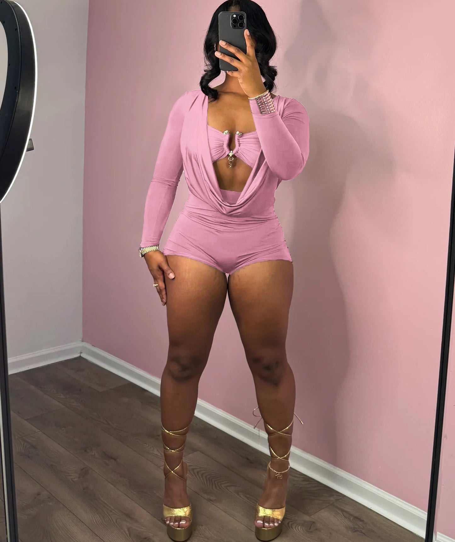 MB1501 Deep V Ruched Long Sleeve Romper