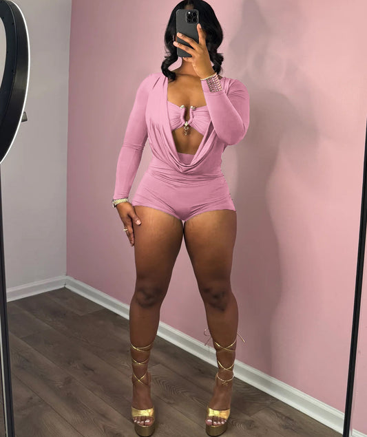 MB1501 Deep V Ruched Long Sleeve Romper