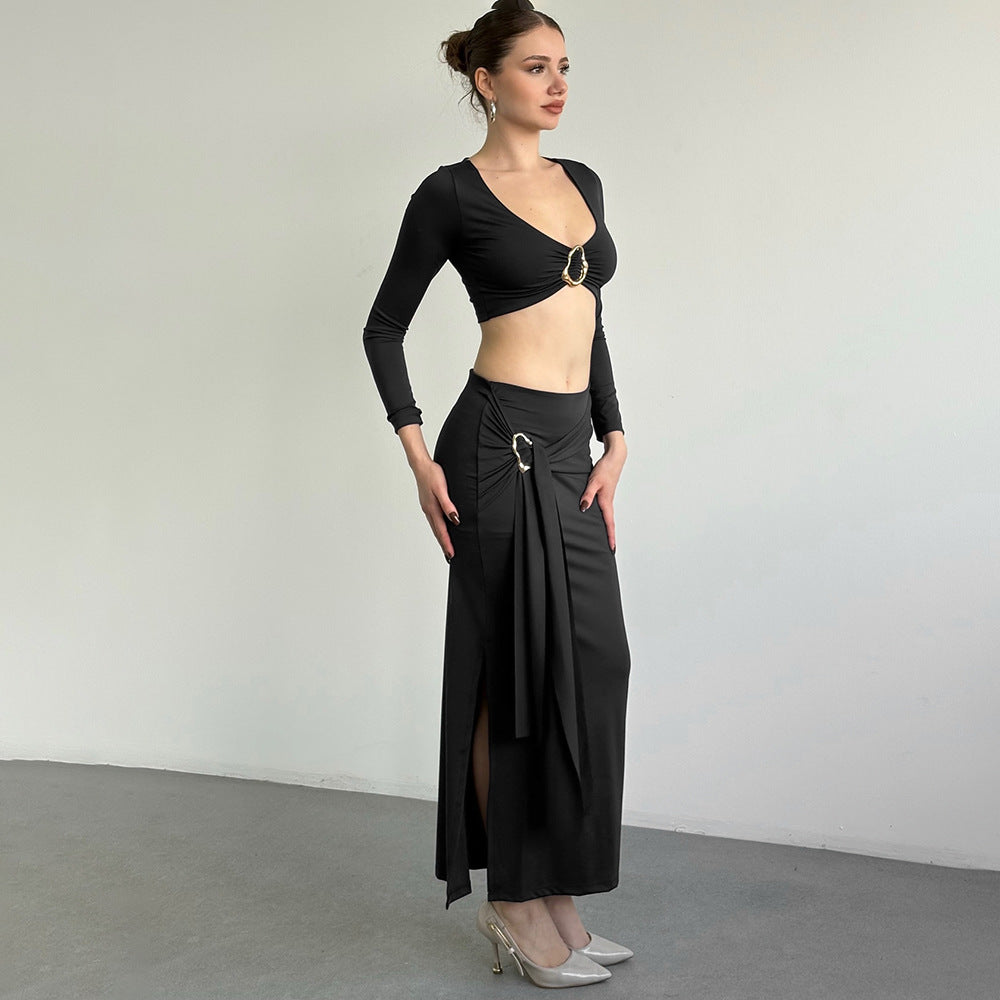 MB1319 Long Sleeve Crop Top & Maxi Skirt Two Piece Set