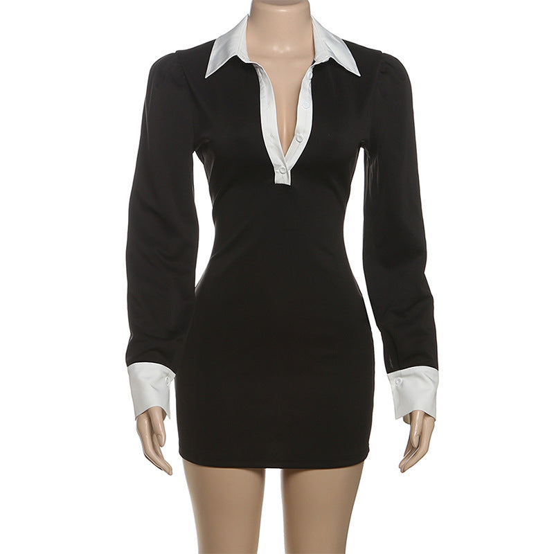 MB1525 Black Contrast Collar Long Sleeve Bodycon Mini Dress