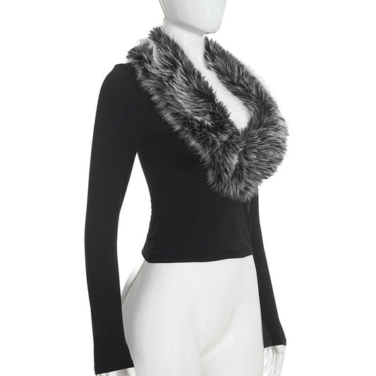 MB10208 Faux‑Fur Collar Deep V‑Neck Long‑Sleeve Crop Top