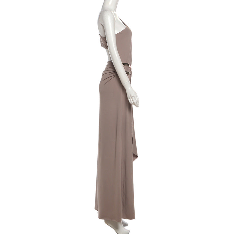 MB1157 Taupe One Shoulder Cutout Maxi Dress