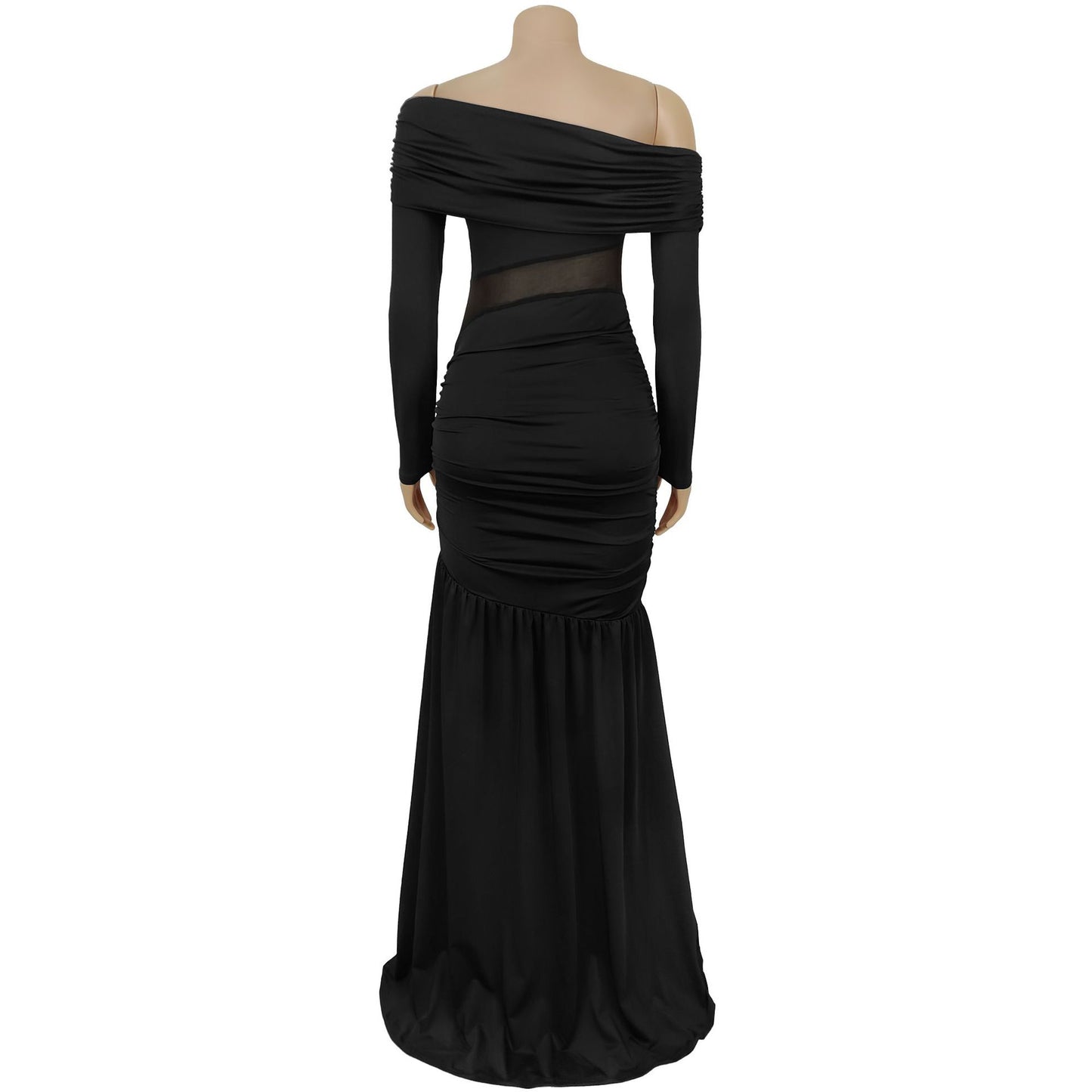 MB1614 Off-the-Shoulder Mesh Cutout Ruched Maxi Dress with Slit
