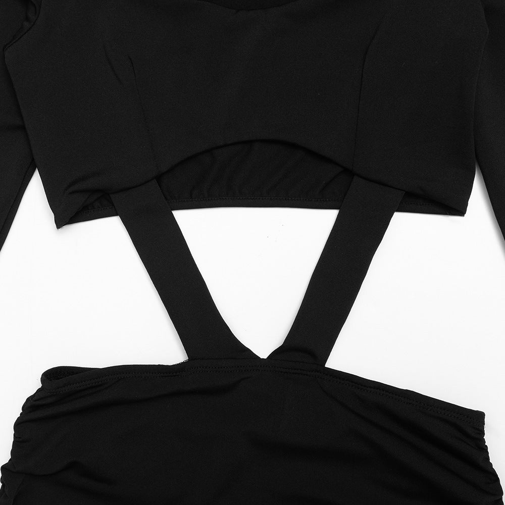 MB1315 Long Sleeve Cutout Crop Top & Ruched Mini Skirt Two-Piece Dress