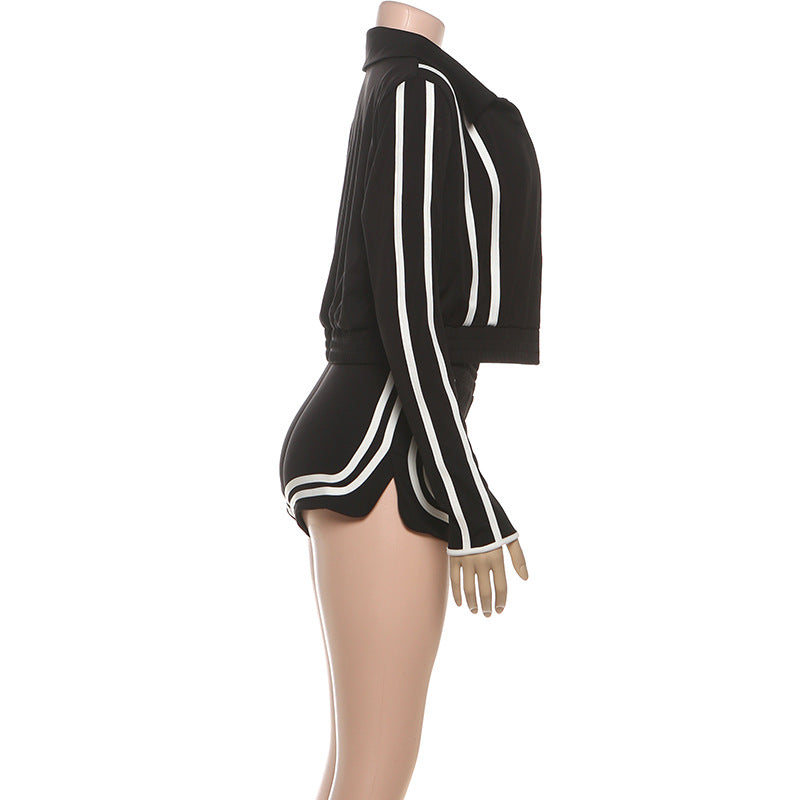 MB1803 Women's Cropped Jacket + Strappy Crop Top + High-Waisted Shorts Three-Piece Outfit