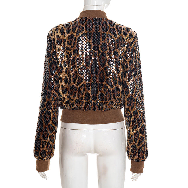 MB10142 Women’s Leopard Print Sequin Bomber Jacket