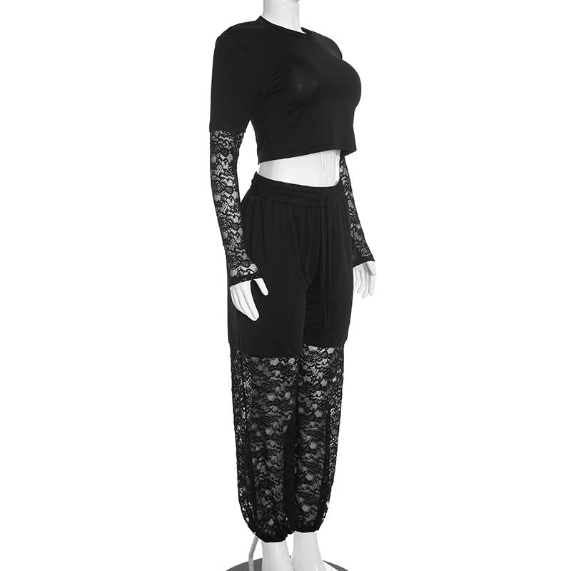 MB10204 Women Black Lace Spliced 2‑Piece Outfit Crop Top & Lace Patchwork Jogger Pants
