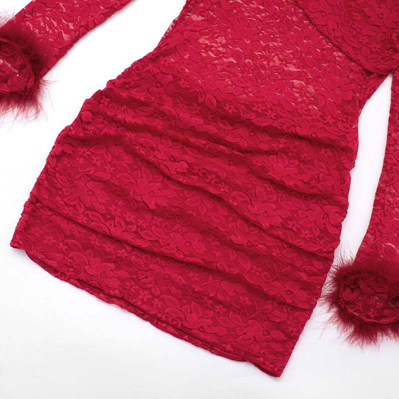 MB10117 Lace Sheer Bodycon Dress with Fur Cuff Detail