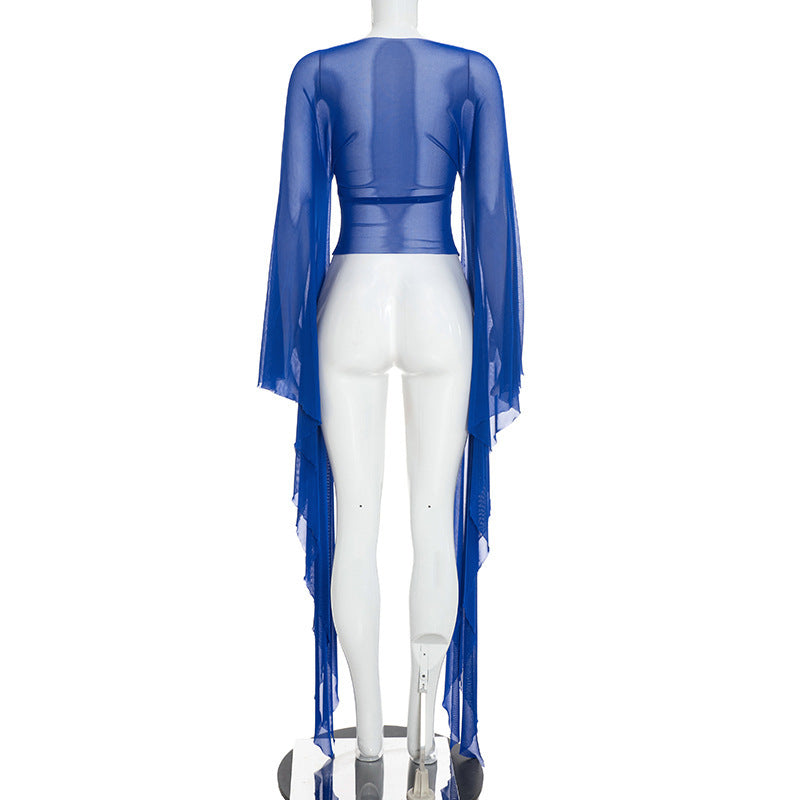 MB10209 Sheer Mesh Top Flare Floor‑Length Draped Long Sleeve