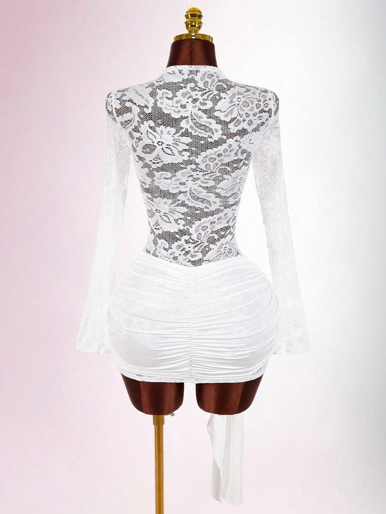 MB2004  White Lace Sheer Long Sleeve Bodycon Mini Dress - Ruched Draped Party Dress for Women 