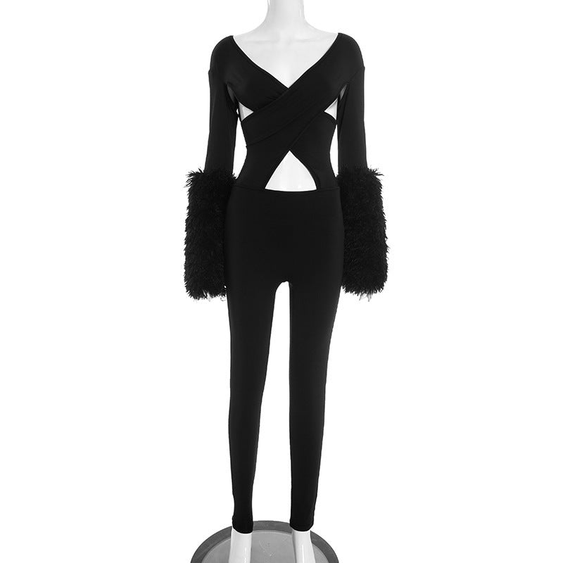 MB10139 Women’s Cutout Crisscross Faux Fur Cuff Jumpsuit