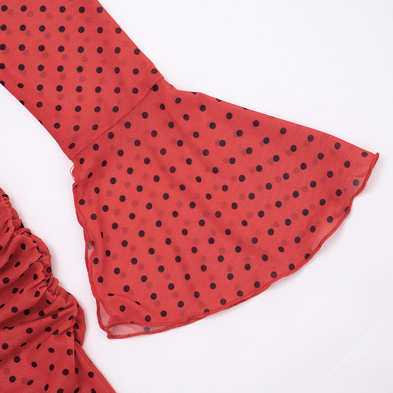 MB1417 Red Polka Dot Flared Sleeve Maxi Dress for Women