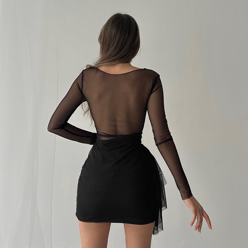MB1316 Sheer Mesh Long Sleeve Ruched Mini Party Dress for Women