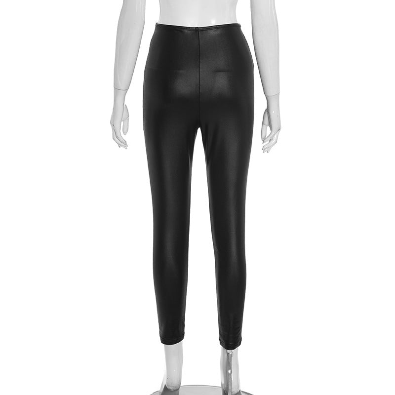 MB1089 Women's Faux Leather Ruched High Waist Pants