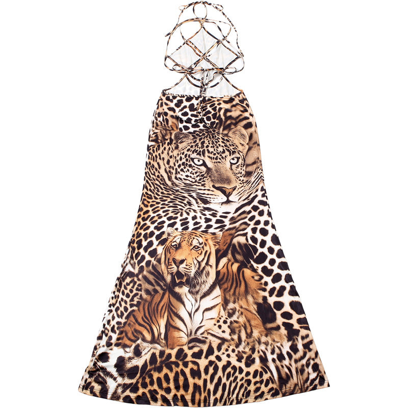 MB1817 Women's Tiger & Leopard Animal Print Side Slit Maxi Dress
