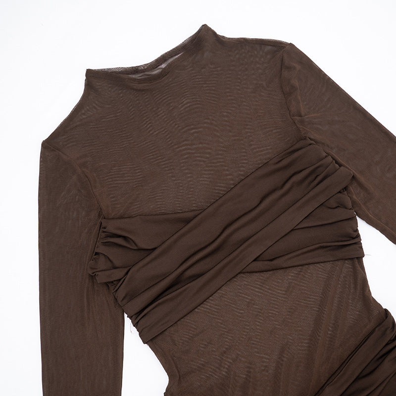 MB1409 Mock Neck Sheer Mesh Ruched Mini Dress for Women