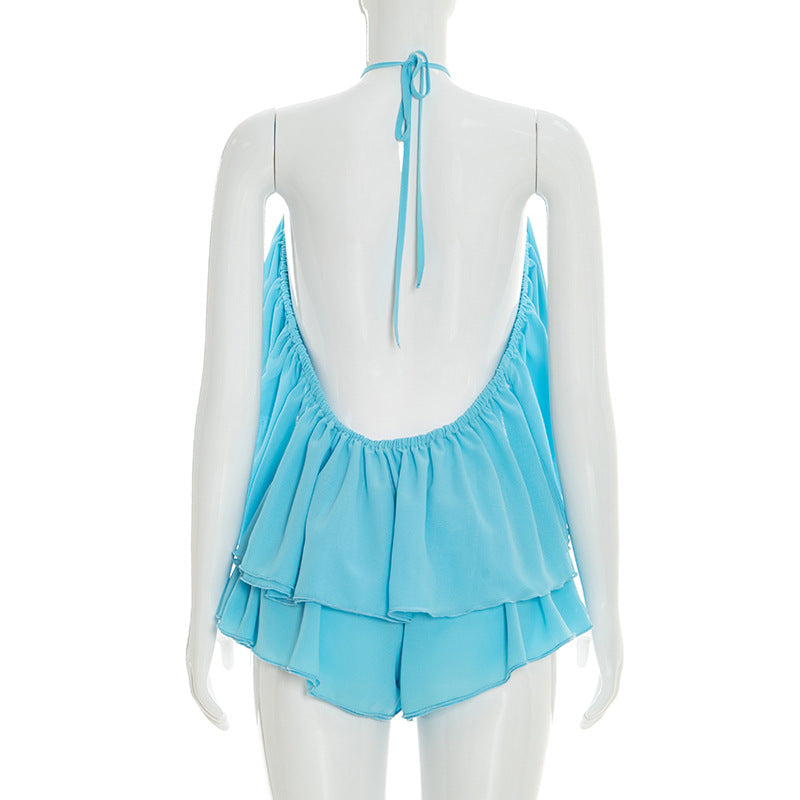 MB10162 Ruffle Halter Two-Piece Set – Backless Crop Top & Ruffle Shorts