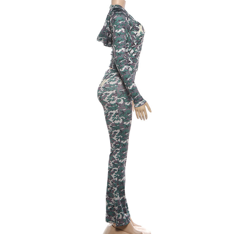 MB1830 Women's Leopard Print Zip Up Hoodie & Flared Pants 2 Piece Set