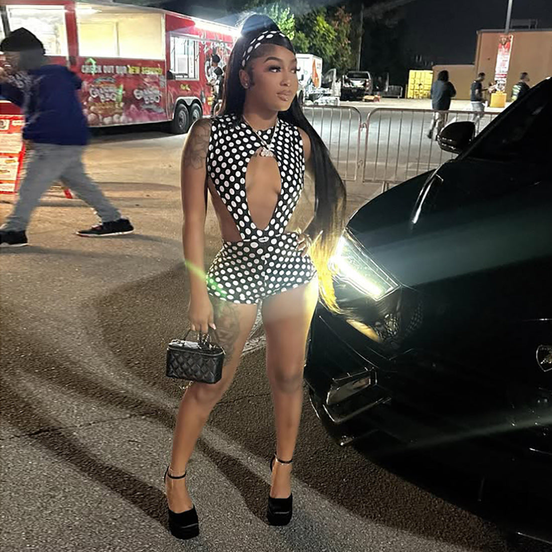 MB1156 Black White Polka Dot Cutout Bodysuit & Shorts 2 Piece Set