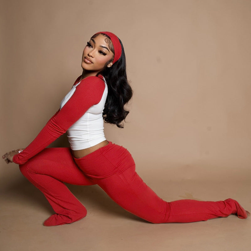 MB1820 Color Block Top & Flare Pants 2 Piece Set with Headband