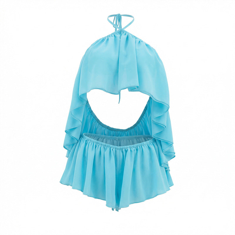 MB10162 Ruffle Halter Two-Piece Set – Backless Crop Top & Ruffle Shorts