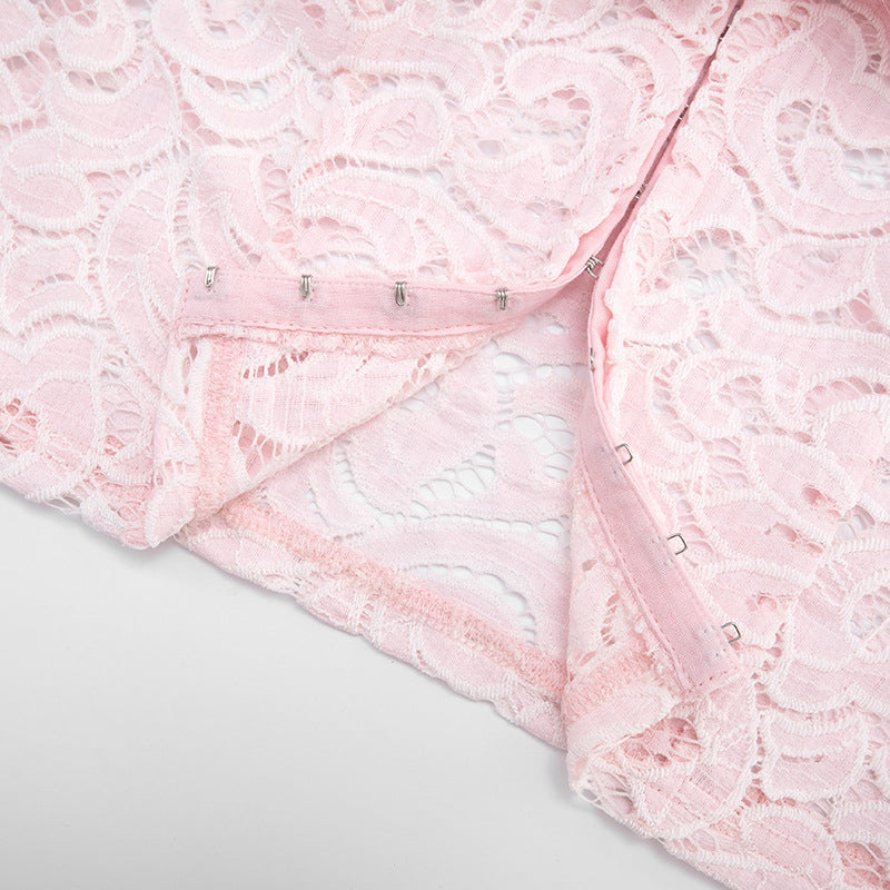 MB10110 Pink Lace Faux Fur Collar Long Sleeve Cropped Top