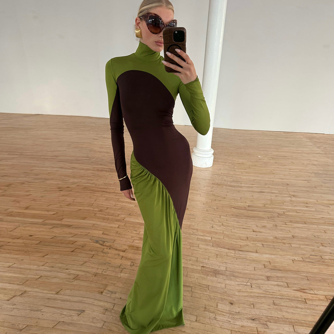 MB1515 Color Block Turtleneck Maxi Dress