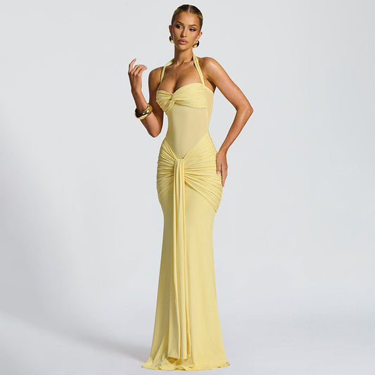 MB1816 Women's Sheer Mesh Halter Ruched Mermaid Maxi Dress