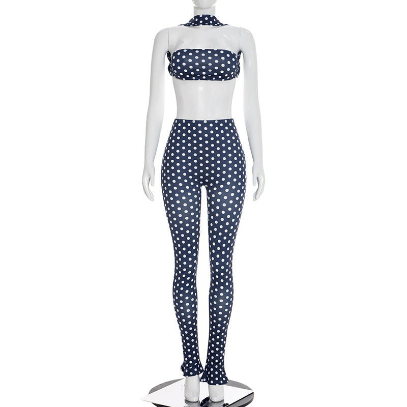 MB10168 Polka Dot 2 Piece Outfit Women | Halter Choker Tube Top & Ruched Flare Skinny Pants Matching Set