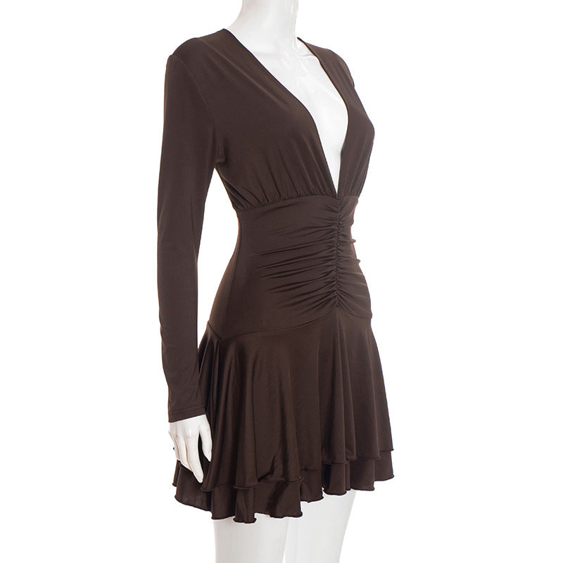 MB1446 Women's Brown V Neck Ruched Fit and Flare Dress
