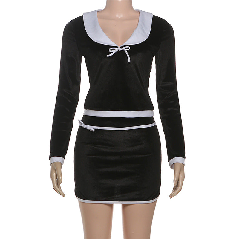MB1140 Black Velvet Sailor Collar Two Piece Set - Crop Top & Mini Skirt