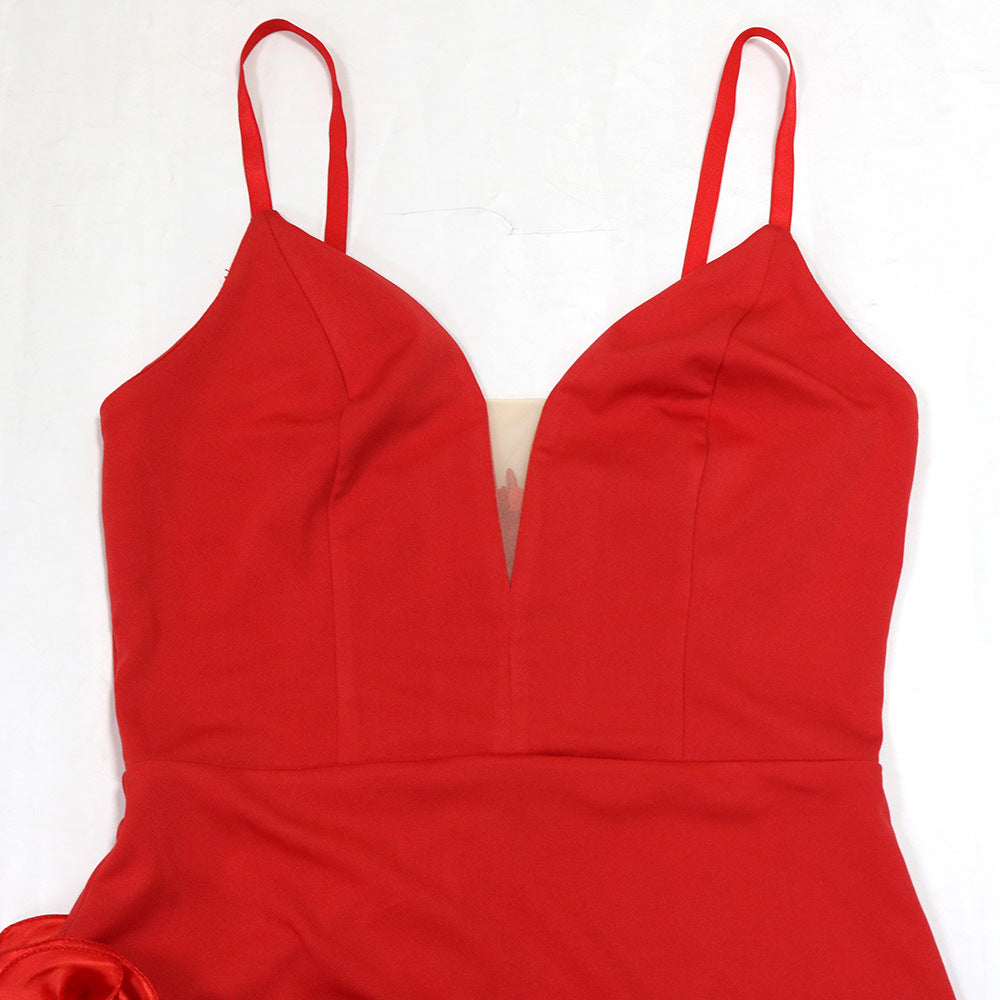 MB1213 Women's Deep V Ruffle Hem Mini Dress