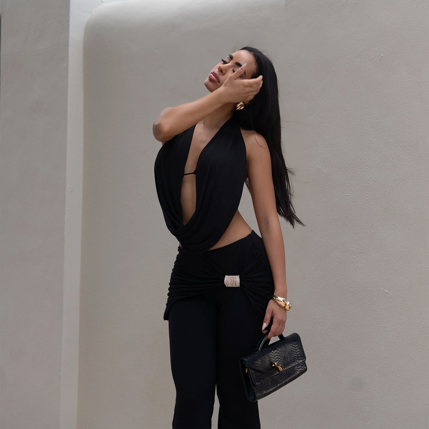 MB1617 Halter Cutout Top & Ruched Flared Pants Two-Piece Set