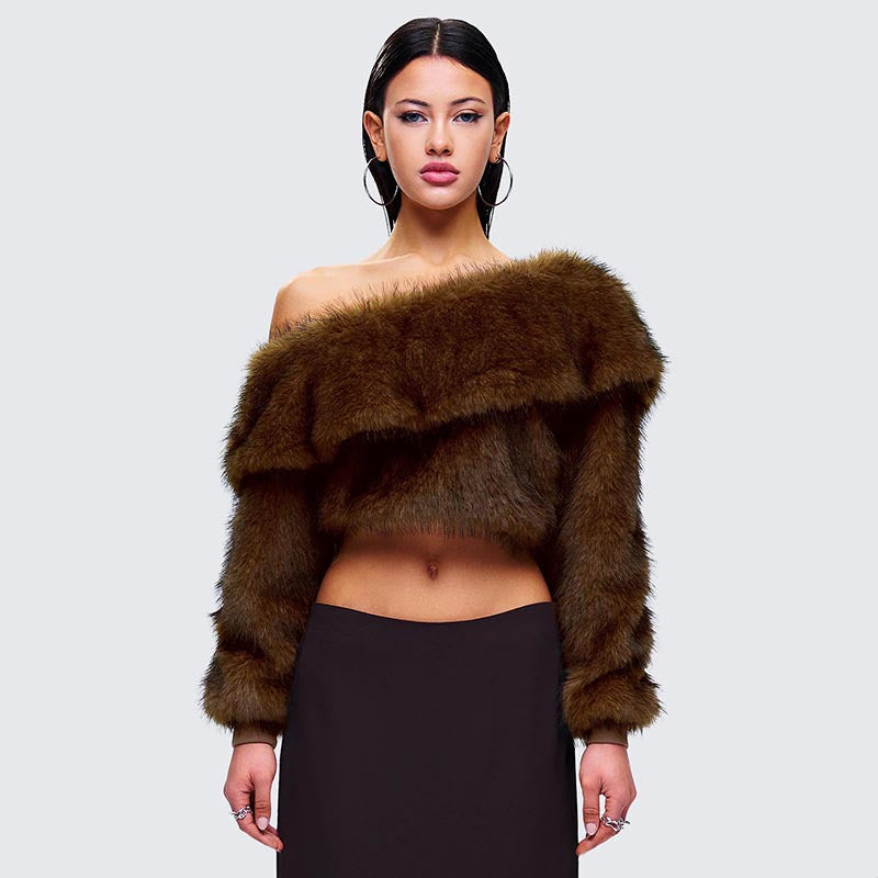 MB10113 Brown Faux Fur Off-The-Shoulder Cropped Top