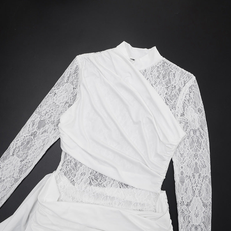 MB1440 Lace Panel Ruched Mini Dress with Side Tie