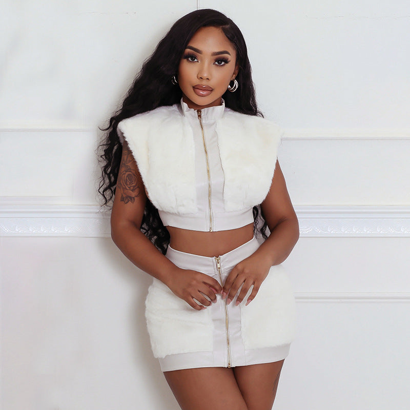 MB1067 Women's Faux Fur & PU Leather Two-Piece Set