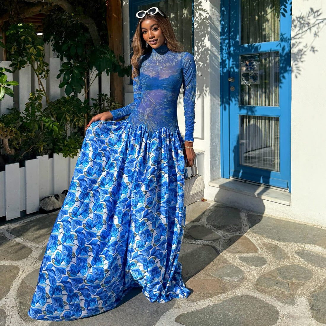 MB1814 Women's Blue Floral Milk Silk A-Line Maxi Dress