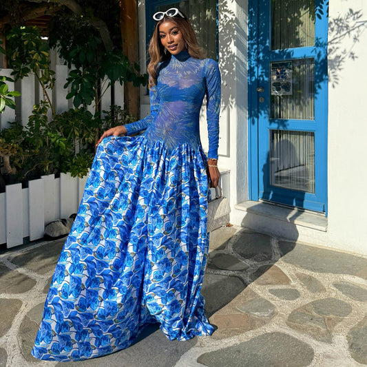 MB1814 Women's Blue Floral Milk Silk A-Line Maxi Dress