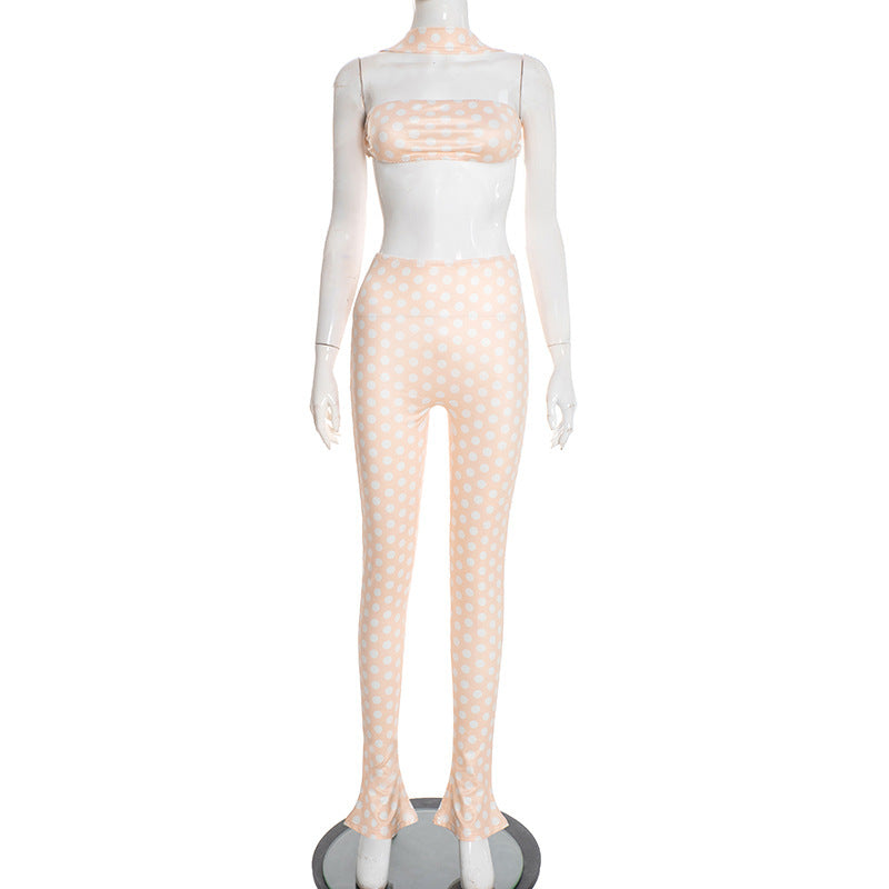 MB10168 Polka Dot 2 Piece Outfit Women | Halter Choker Tube Top & Ruched Flare Skinny Pants Matching Set