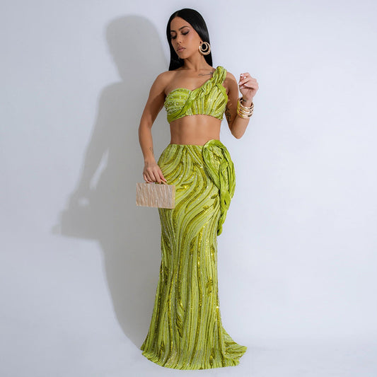 MB1219 Sequin One-Shoulder Crop Top & Bodycon Maxi Skirt Two Piece Set