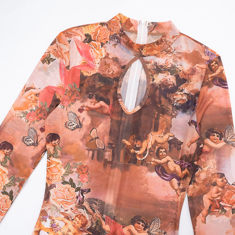 MB1090 Floral Angel Print Bodycon Jumpsuit