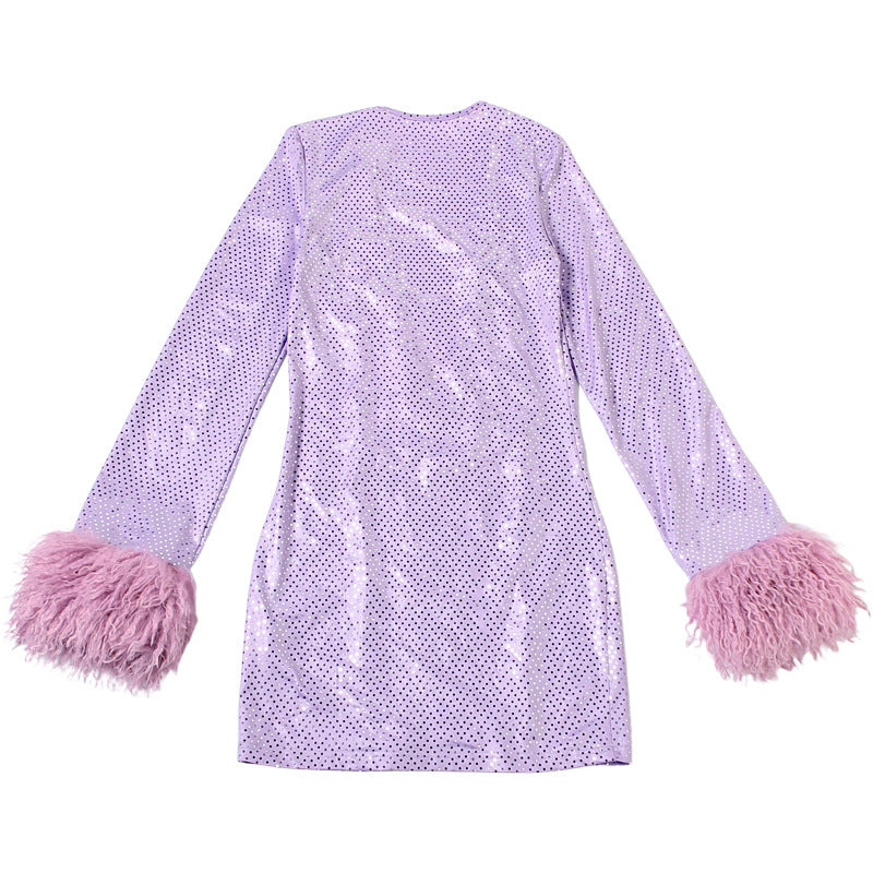 MB1143 Sequin Deep V Mini Dress with Feather Cuffs